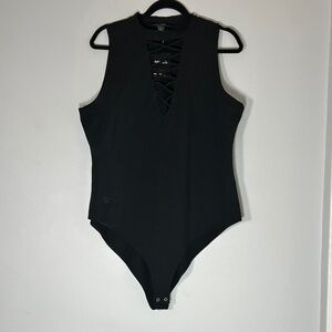 NWT Forever 21 Plus 95% Cotton Black Bodysuit with Plunge V-neck